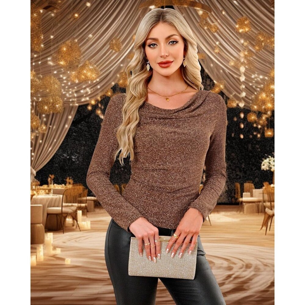 Women's Cowl Neck Long Sleeve Sequin Top Slim Fit Party Blouse - Picture 5 of 7